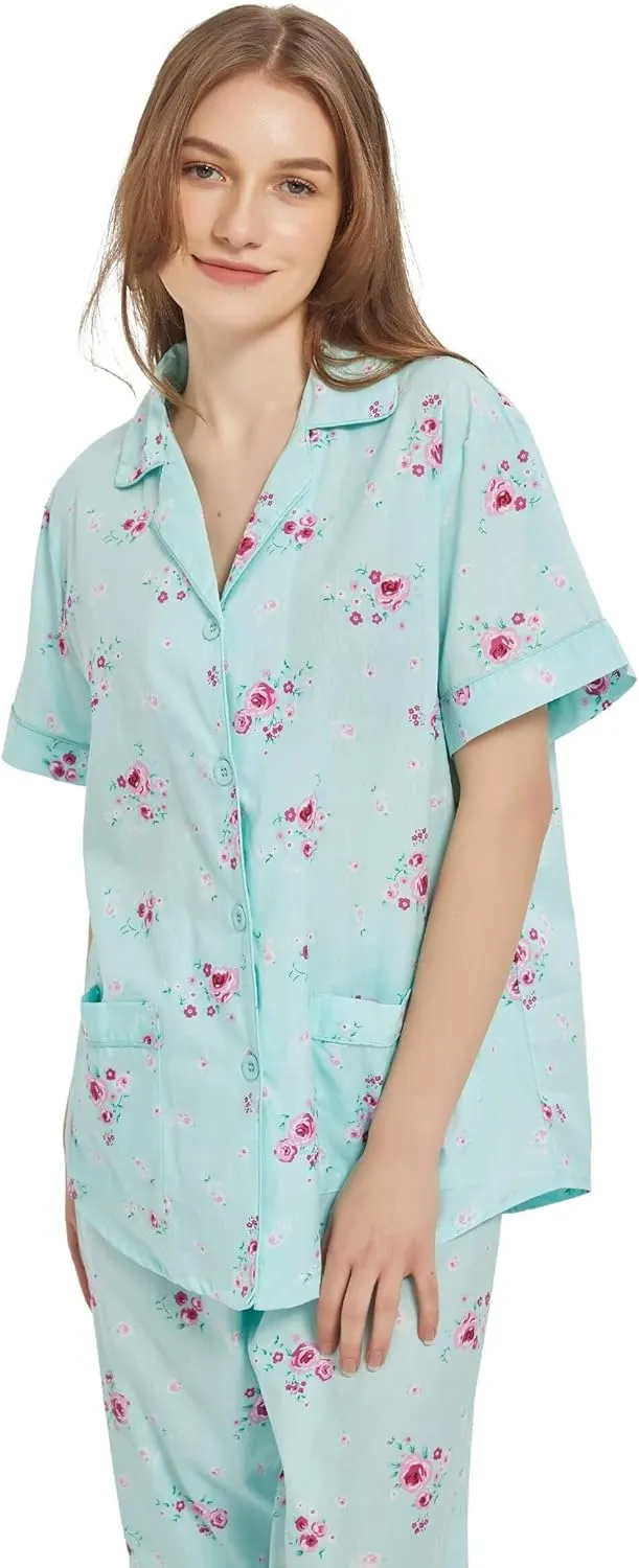 100% Cotton Pajamas For Women Short-Sleeve Long Pants PJS set Cozy Button Down Sleepwear Boyfriend Loungewear S-3XL