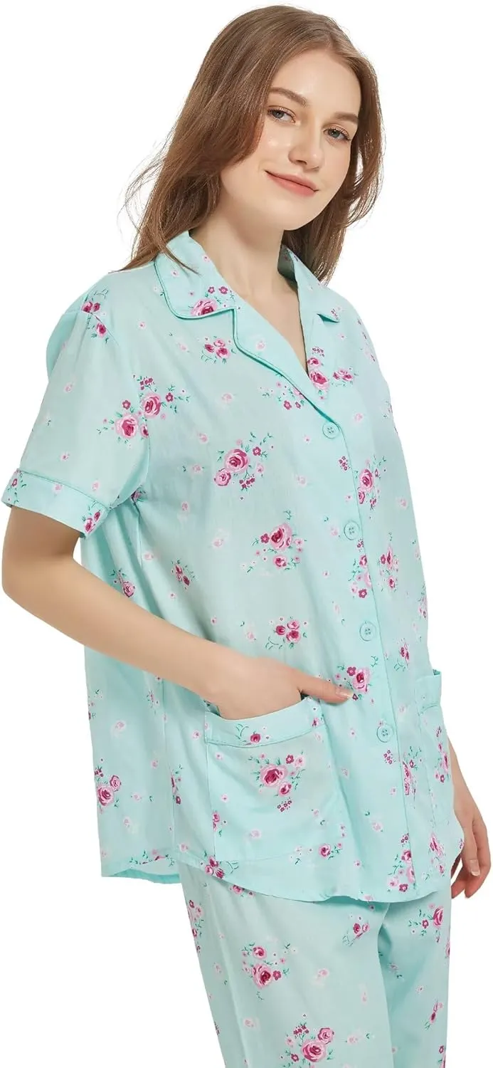100% Cotton Pajamas For Women Short-Sleeve Long Pants PJS set Cozy Button Down Sleepwear Boyfriend Loungewear S-3XL