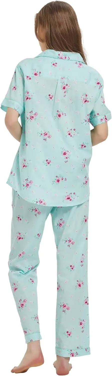 100% Cotton Pajamas For Women Short-Sleeve Long Pants PJS set Cozy Button Down Sleepwear Boyfriend Loungewear S-3XL