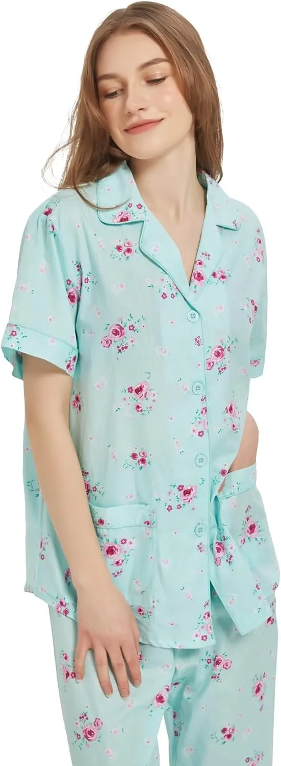 100% Cotton Pajamas For Women Short-Sleeve Long Pants PJS set Cozy Button Down Sleepwear Boyfriend Loungewear S-3XL