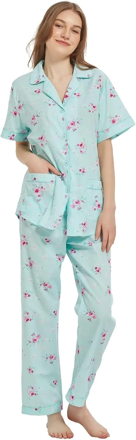 100% Cotton Pajamas For Women Short-Sleeve Long Pants PJS set Cozy Button Down Sleepwear Boyfriend Loungewear S-3XL