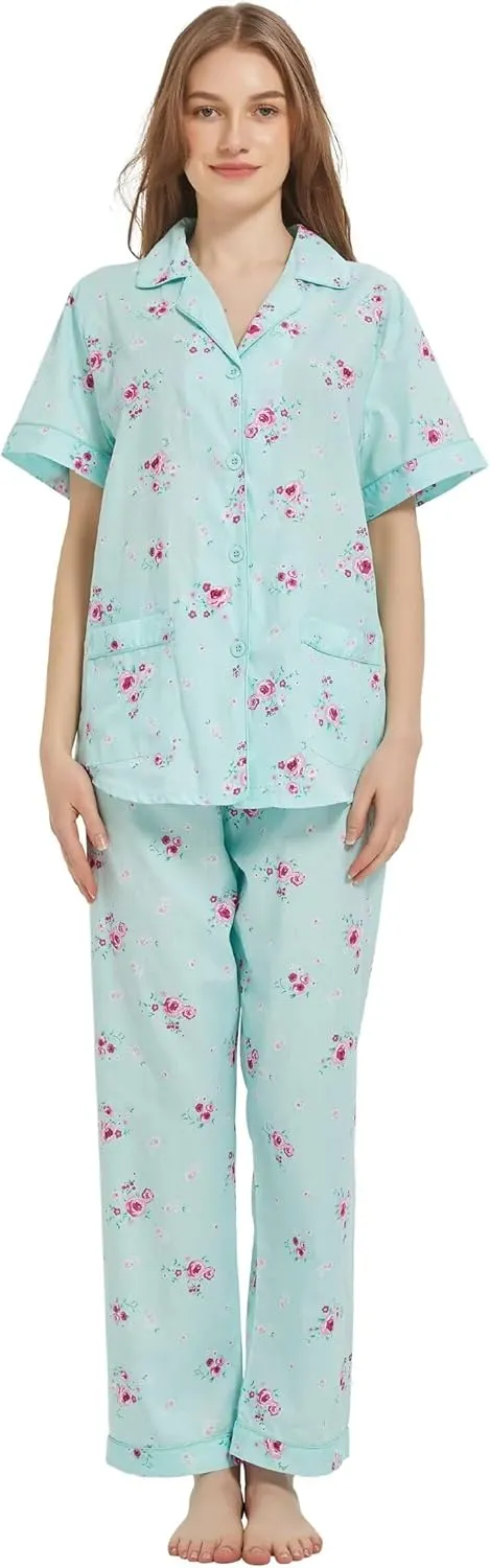 100% Cotton Pajamas For Women Short-Sleeve Long Pants PJS set Cozy Button Down Sleepwear Boyfriend Loungewear S-3XL