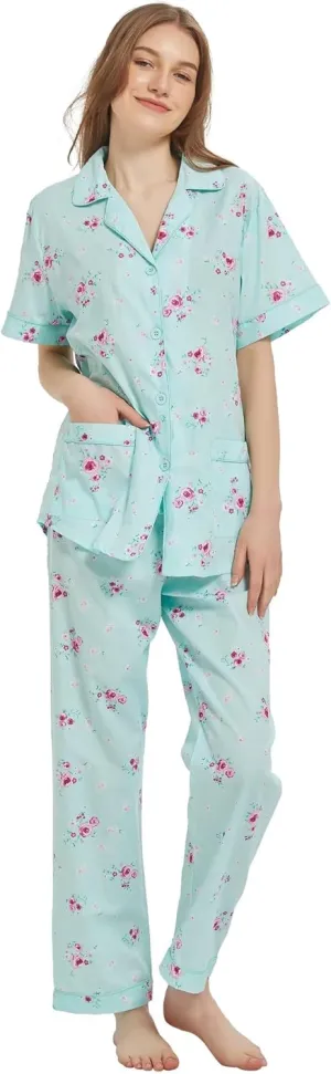 100% Cotton Pajamas For Women Short-Sleeve Long Pants PJS set Cozy Button Down Sleepwear Boyfriend Loungewear S-3XL