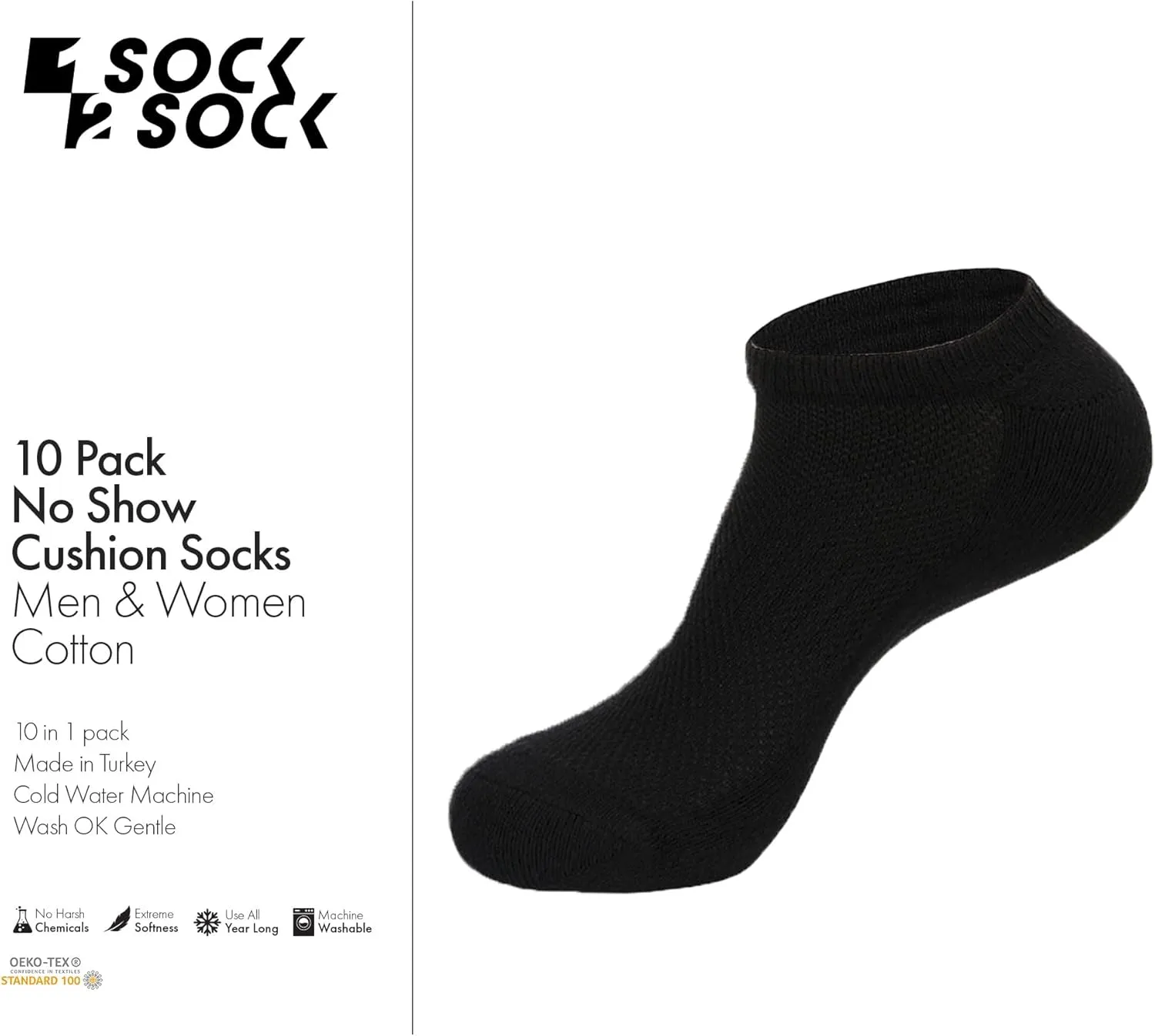 1SOCK2SOCK - Unisex 10 Pairs No-Show Low Cut Athletic Running Socks - Breathable Cotton, Cushioned, Moisture Wicking