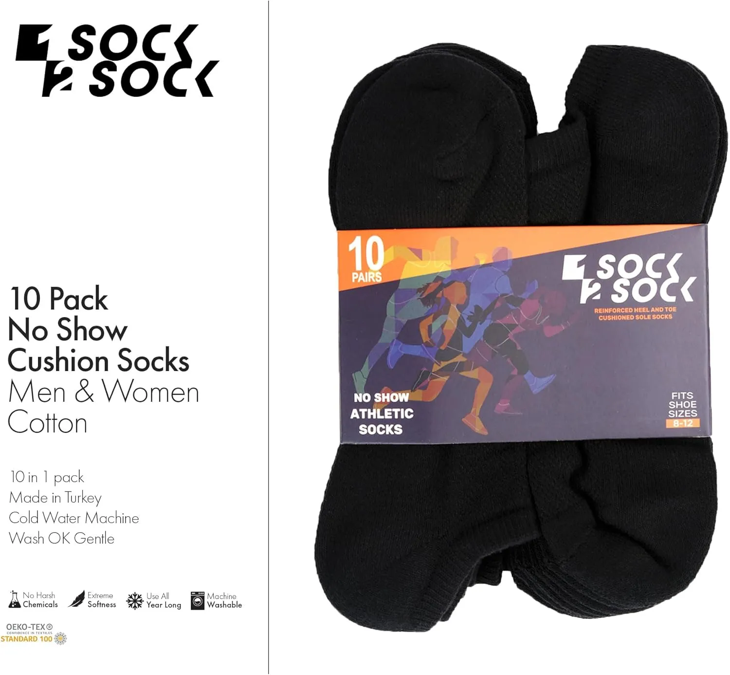 1SOCK2SOCK - Unisex 10 Pairs No-Show Low Cut Athletic Running Socks - Breathable Cotton, Cushioned, Moisture Wicking