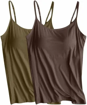 2 Pack Womens Cami Tank Tops with Built in Bra Spaghetti Strap Padded Camisoles Summer Casual Shelf Bras Undershirts