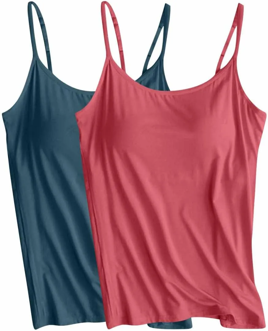 2 Pack Womens Cami Tank Tops with Built in Bra Spaghetti Strap Padded Camisoles Summer Casual Shelf Bras Undershirts