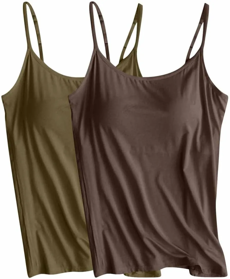 2 Pack Womens Cami Tank Tops with Built in Bra Spaghetti Strap Padded Camisoles Summer Casual Shelf Bras Undershirts