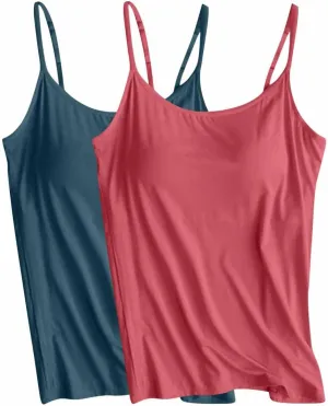 2 Pack Womens Cami Tank Tops with Built in Bra Spaghetti Strap Padded Camisoles Summer Casual Shelf Bras Undershirts
