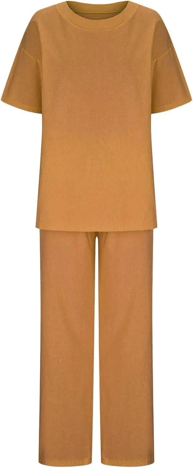 2 Piece Cotton Linen Outfits for Women Summer Dressy Business Work Suits Streetwear Button Down Tops and Pants Suit