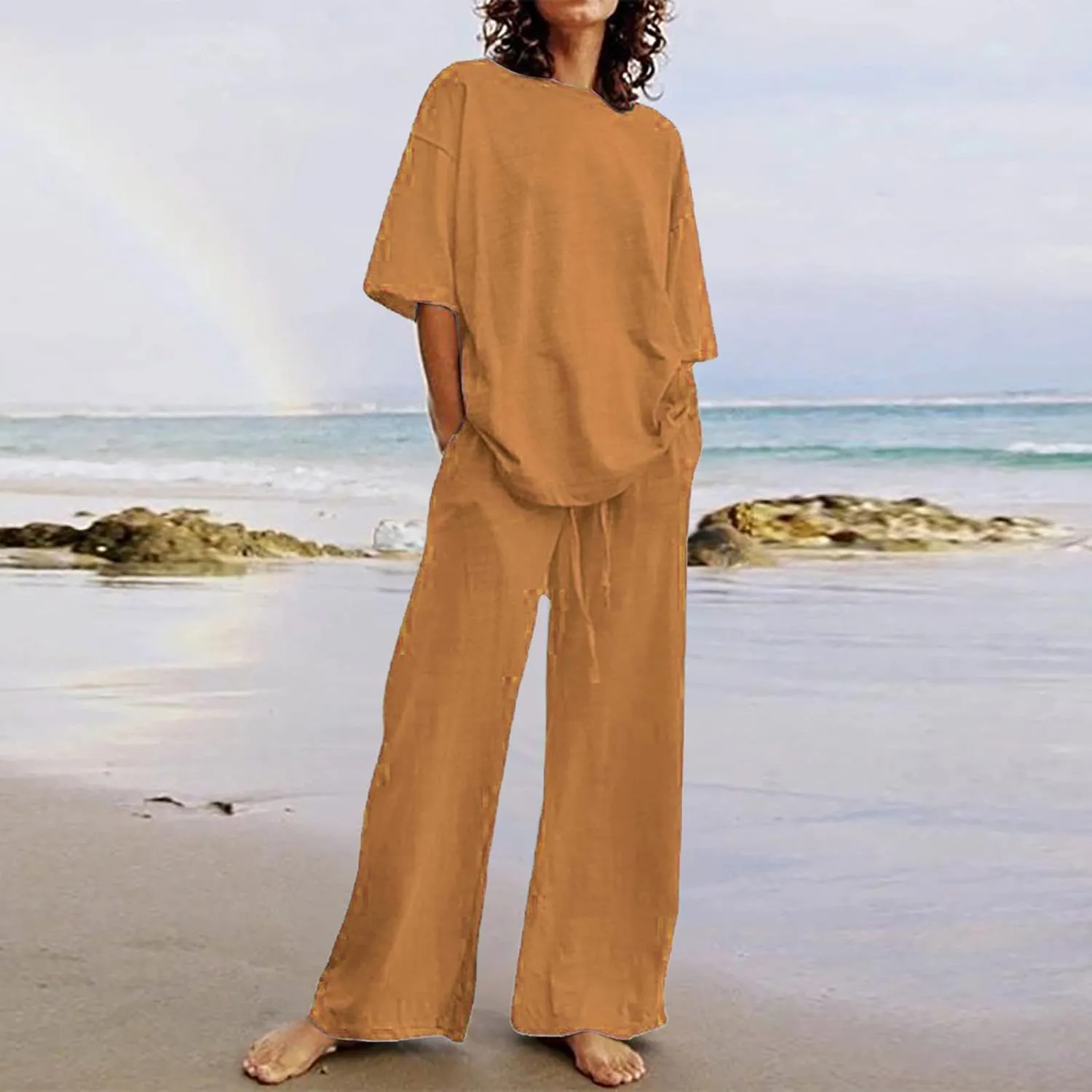 2 Piece Cotton Linen Outfits for Women Summer Dressy Business Work Suits Streetwear Button Down Tops and Pants Suit