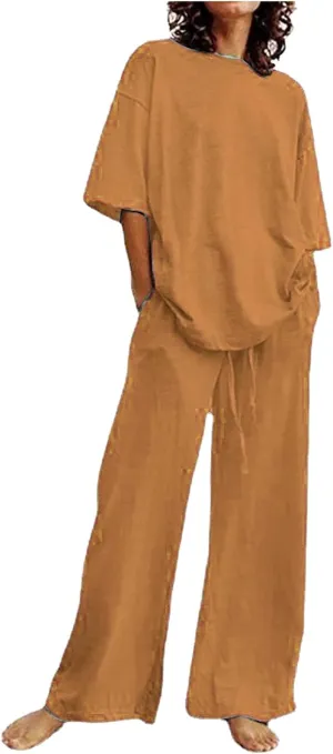 2 Piece Cotton Linen Outfits for Women Summer Dressy Business Work Suits Streetwear Button Down Tops and Pants Suit