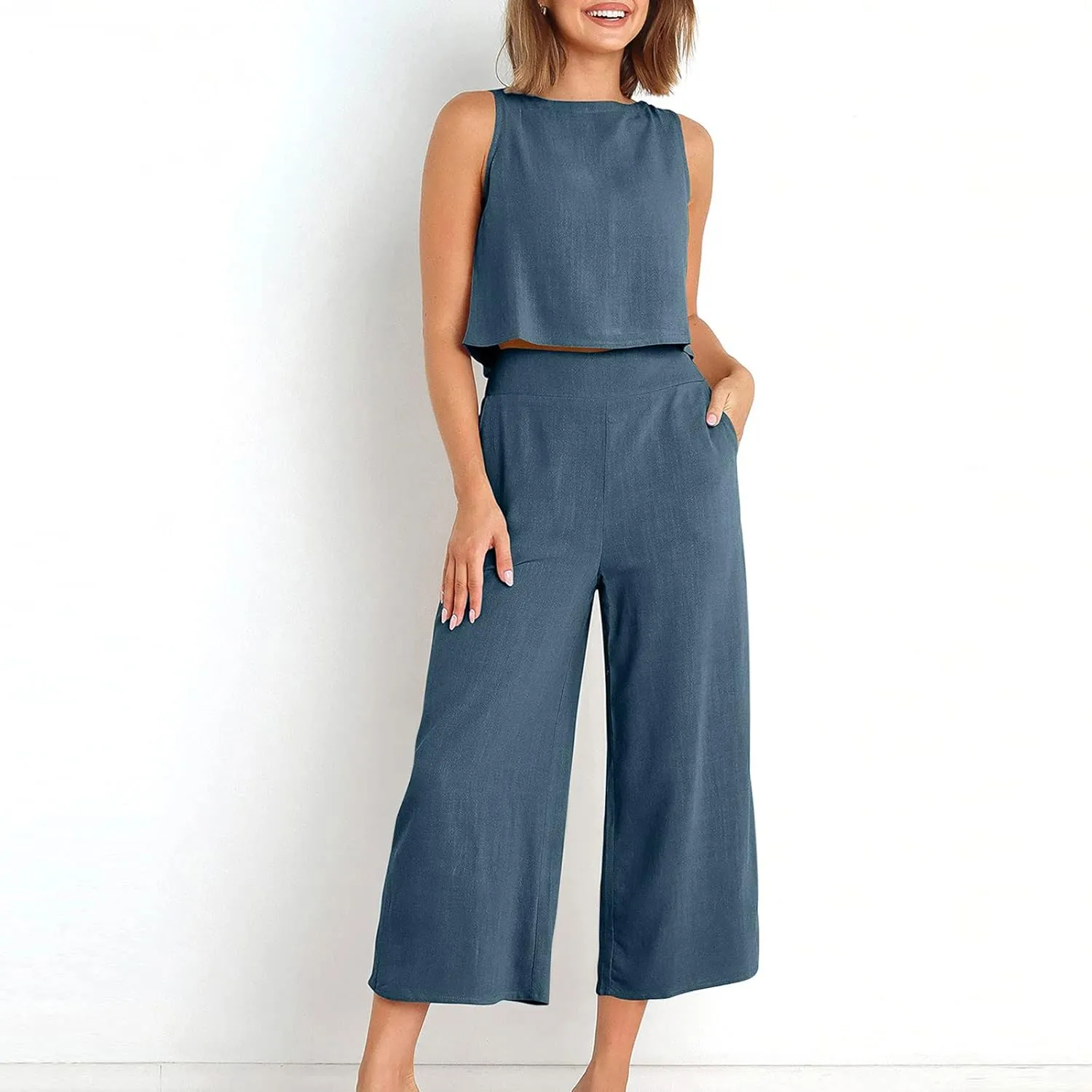 2 Piece Linen Sets for Women Summer Sleeveless Crop Tank Tops and Wide Leg Pants Set Casual Summer Outfits Lounge Set
