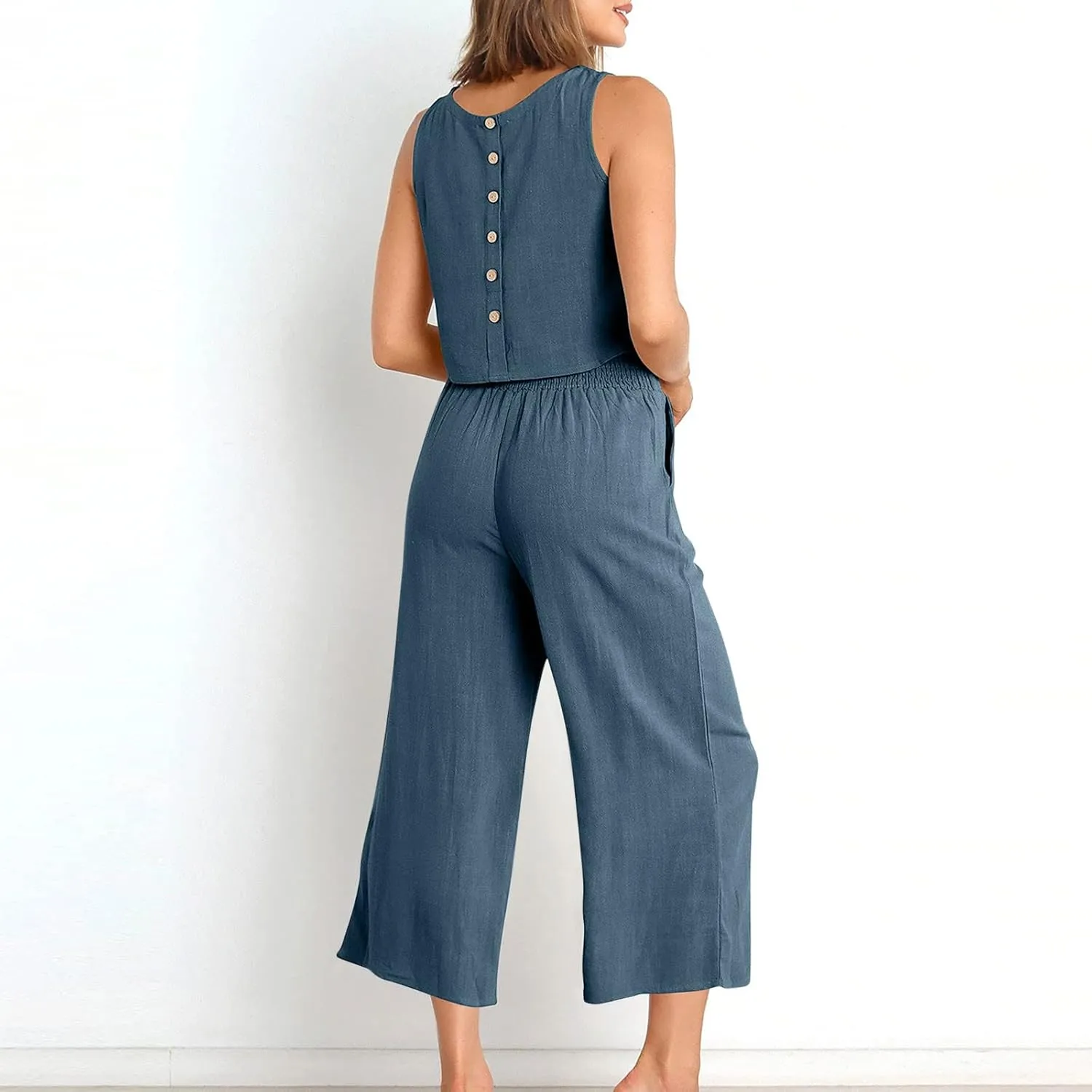 2 Piece Linen Sets for Women Summer Sleeveless Crop Tank Tops and Wide Leg Pants Set Casual Summer Outfits Lounge Set