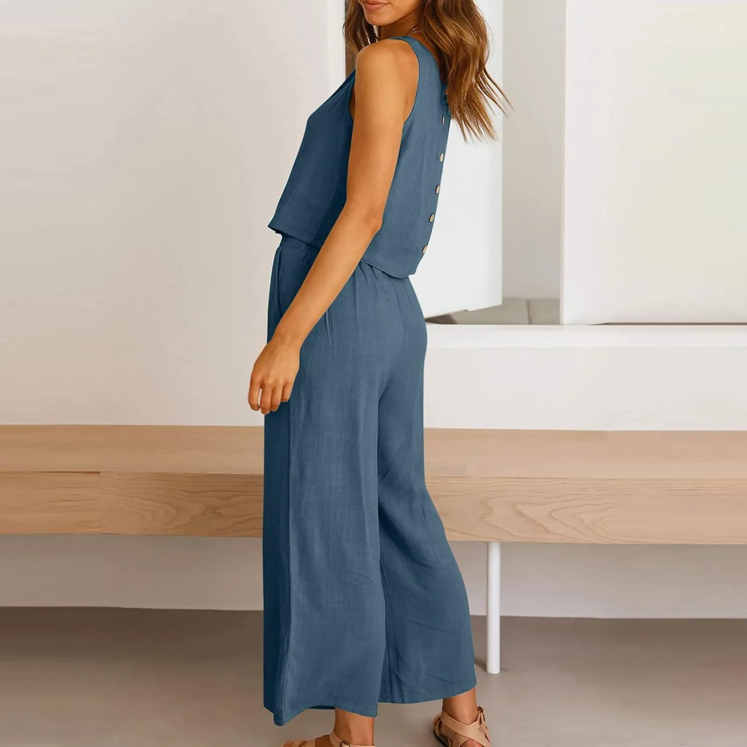 2 Piece Linen Sets for Women Summer Sleeveless Crop Tank Tops and Wide Leg Pants Set Casual Summer Outfits Lounge Set