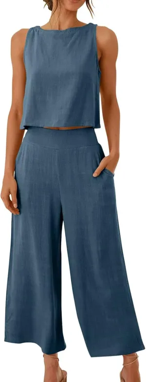 2 Piece Linen Sets for Women Summer Sleeveless Crop Tank Tops and Wide Leg Pants Set Casual Summer Outfits Lounge Set