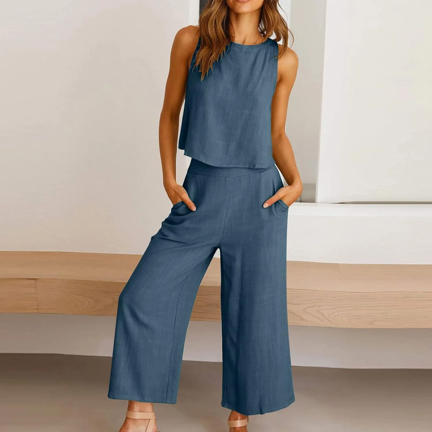 2 Piece Linen Sets for Women Summer Sleeveless Crop Tank Tops and Wide Leg Pants Set Casual Summer Outfits Lounge Set