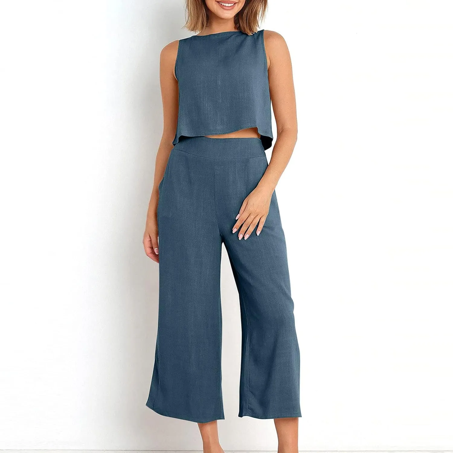 2 Piece Linen Sets for Women Summer Sleeveless Crop Tank Tops and Wide Leg Pants Set Casual Summer Outfits Lounge Set