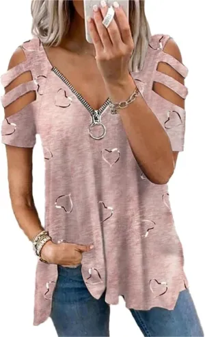 2025 Women's Off-The-Shoulder Top Sexy Casual Summer V-Neck Loose Cut-Out Short Sleeve T-Shirt Printed Shirt
