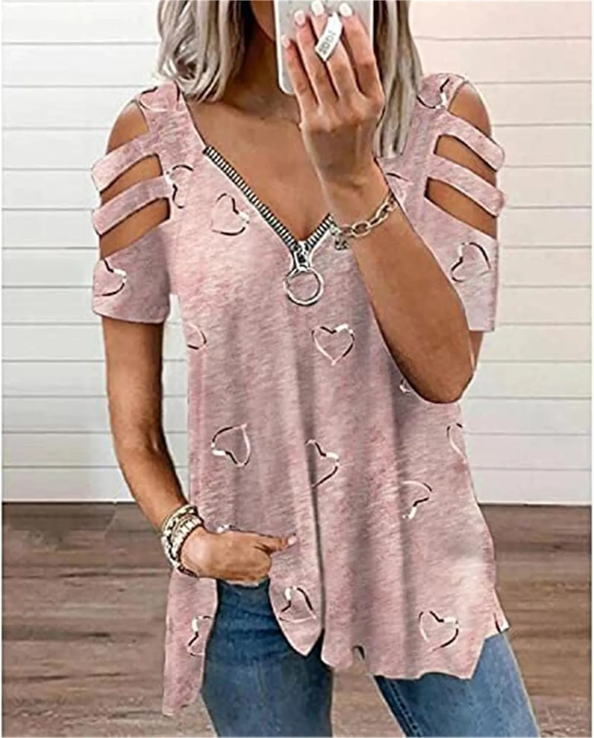 2025 Women's Off-The-Shoulder Top Sexy Casual Summer V-Neck Loose Cut-Out Short Sleeve T-Shirt Printed Shirt