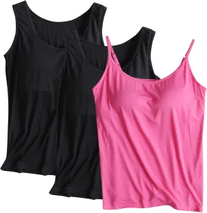 3 Pack Women Modal Camisole Tank Tops with Built in Bra Summer Soft Comfy Sleeveless Scoop Neck Workout Undershirts