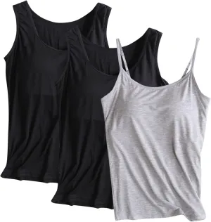 3 Pack Women Modal Camisole Tank Tops with Built in Bra Summer Soft Comfy Sleeveless Scoop Neck Workout Undershirts