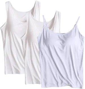 3 Pack Women Tank Tops and Camisole Summer Soft Comfy Modal Built-in Bra Undershirts Sleeveless Scoop Neck Yoga Tees