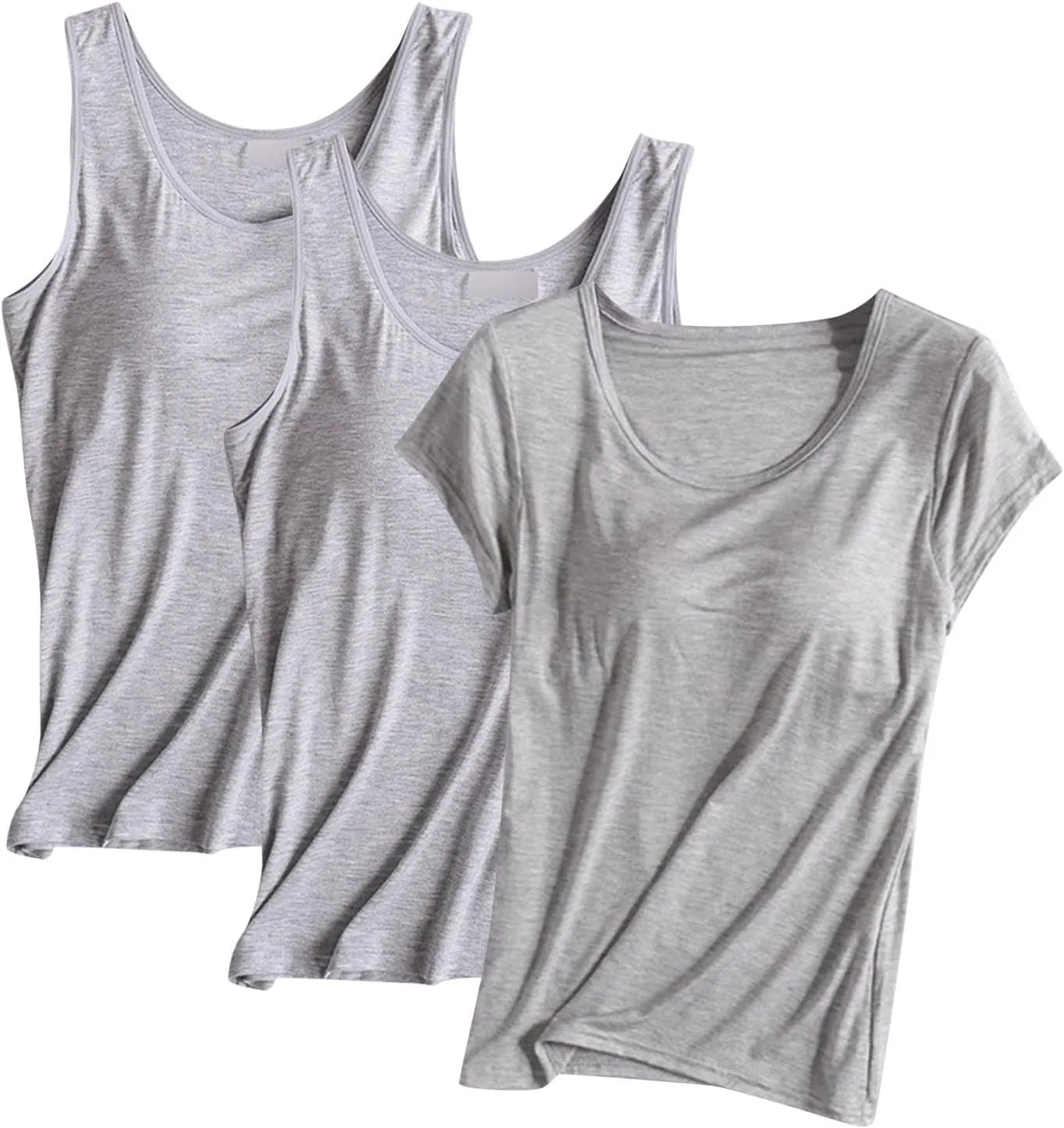 3 Pack Women Tank Tops and T-Shirts Summer Soft Comfy Modal Built-in Bra Undershirts Scoop Neck Yoga Workout Tees