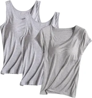 3 Pack Women Tank Tops and T-Shirts Summer Soft Comfy Modal Built-in Bra Undershirts Scoop Neck Yoga Workout Tees