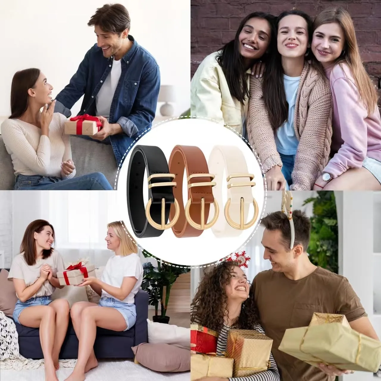 3 Pack Women's Leather Belts Jeans Dresses Pants Fashion Ladies Gold Buckle Casual Soft Waist Gift