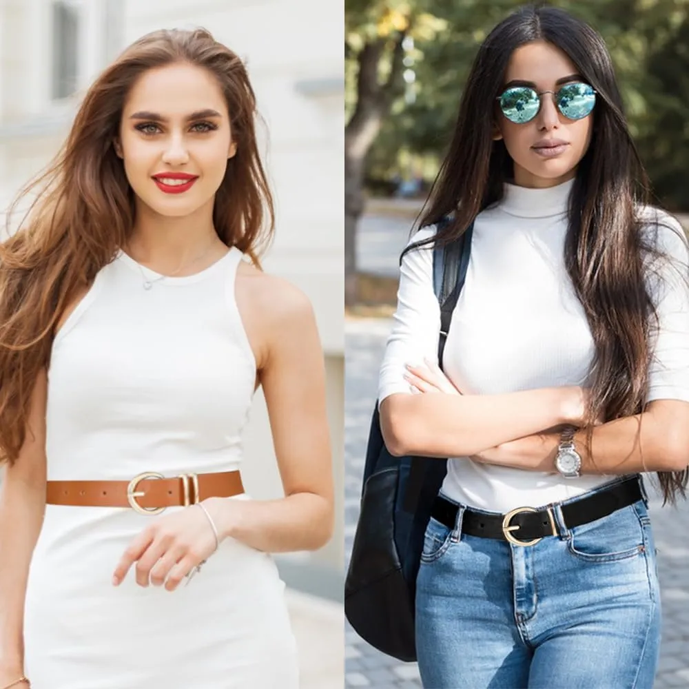 3 Pack Women's Leather Belts Jeans Dresses Pants Fashion Ladies Gold Buckle Casual Soft Waist Gift