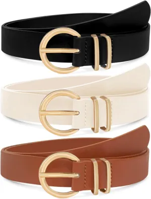 3 Pack Women's Leather Belts Jeans Dresses Pants Fashion Ladies Gold Buckle Casual Soft Waist Gift