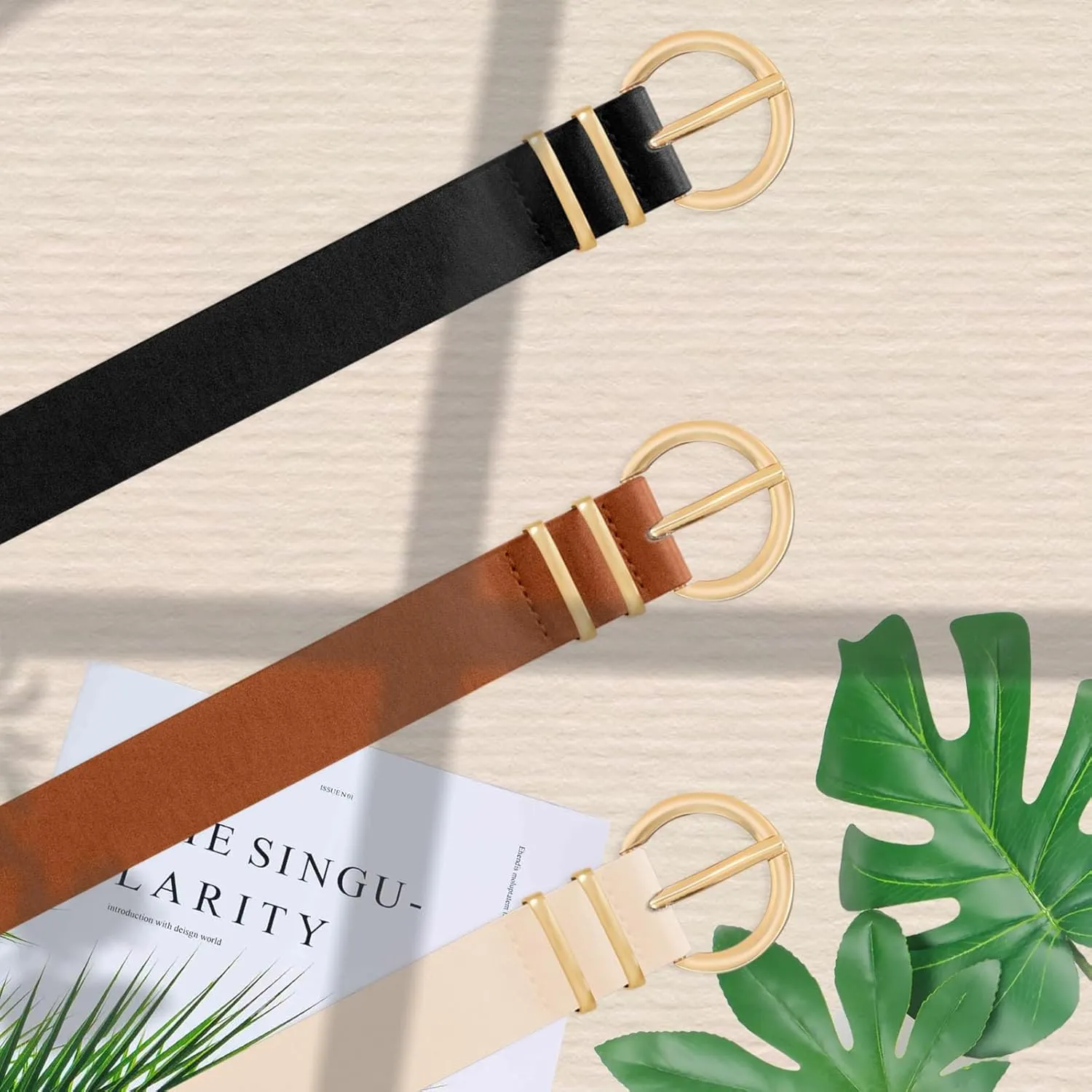 3 Pack Women's Leather Belts Jeans Dresses Pants Fashion Ladies Gold Buckle Casual Soft Waist Gift