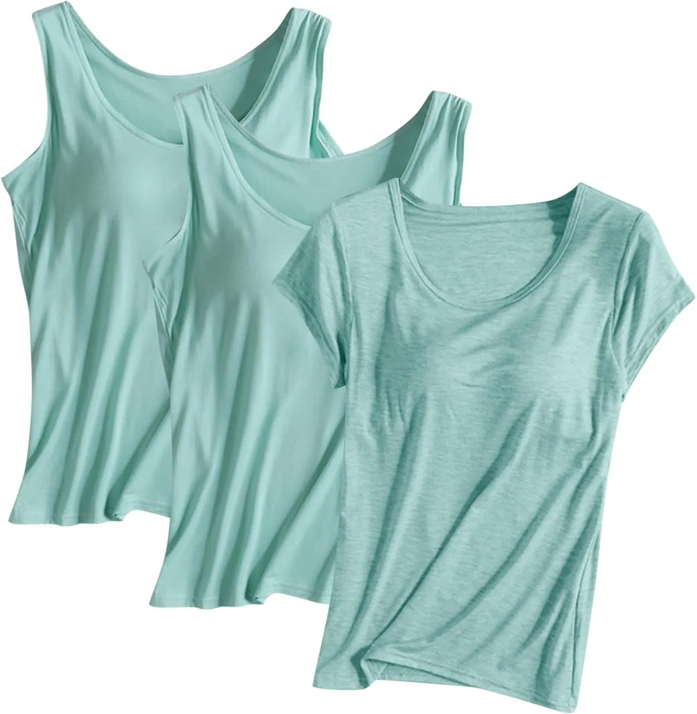 3PC T-Shirt with Built-in Bra Women Workout Tank Tops Sleeveless Padded Bras Soft Pajama Top Plus Size Modal Shirt