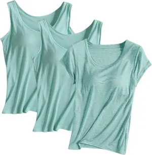 3PC T-Shirt with Built-in Bra Women Workout Tank Tops Sleeveless Padded Bras Soft Pajama Top Plus Size Modal Shirt
