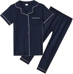 Aablexema Unisex Kids Pajamas Set Cotton Short Sleeve Sleepwear Button-Down and Pant Set for 5-13y