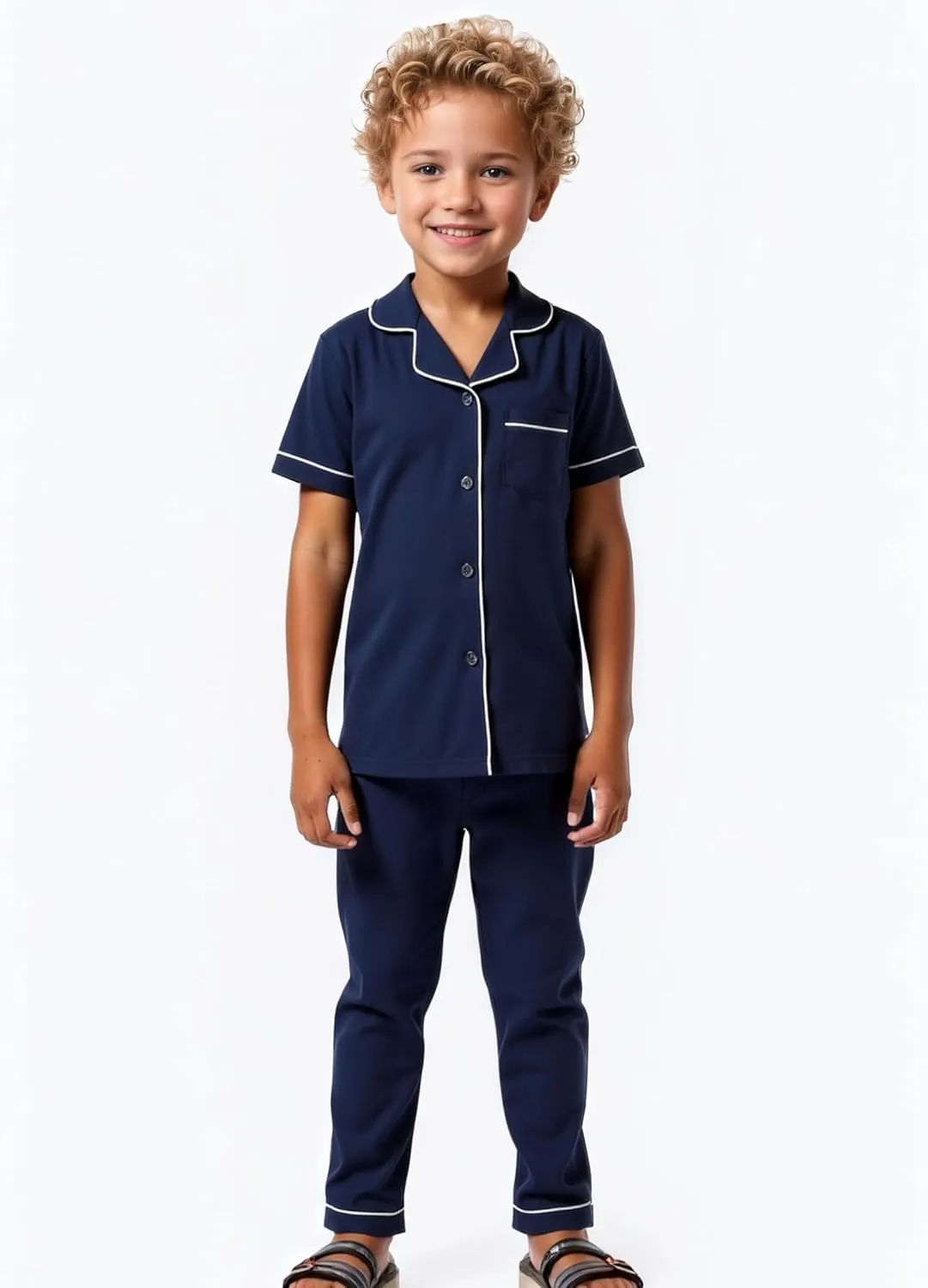 Aablexema Unisex Kids Pajamas Set Cotton Short Sleeve Sleepwear Button-Down and Pant Set for 5-13y