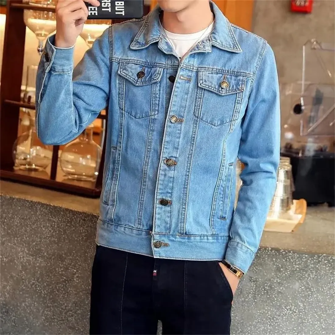 Adhdyuud Men's Classic Button Down Denim Jacket Light Blue Biker Motorcycle Slim Fit Cowboy Jean Coats
