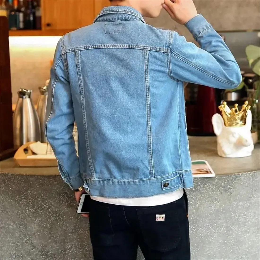 Adhdyuud Men's Classic Button Down Denim Jacket Light Blue Biker Motorcycle Slim Fit Cowboy Jean Coats