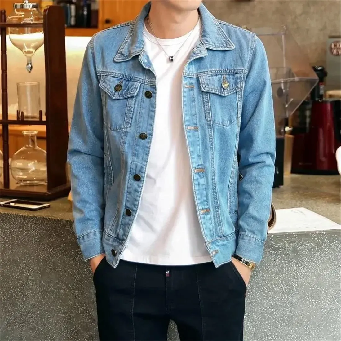 Adhdyuud Men's Classic Button Down Denim Jacket Light Blue Biker Motorcycle Slim Fit Cowboy Jean Coats