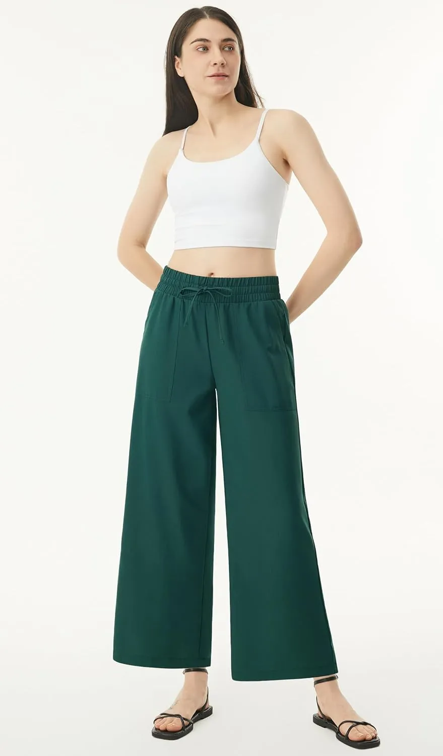 AFITNE Women Linen Palazzo Pants Summer Boho Wide Leg High Waist Casual Lounge Pants with Pockets