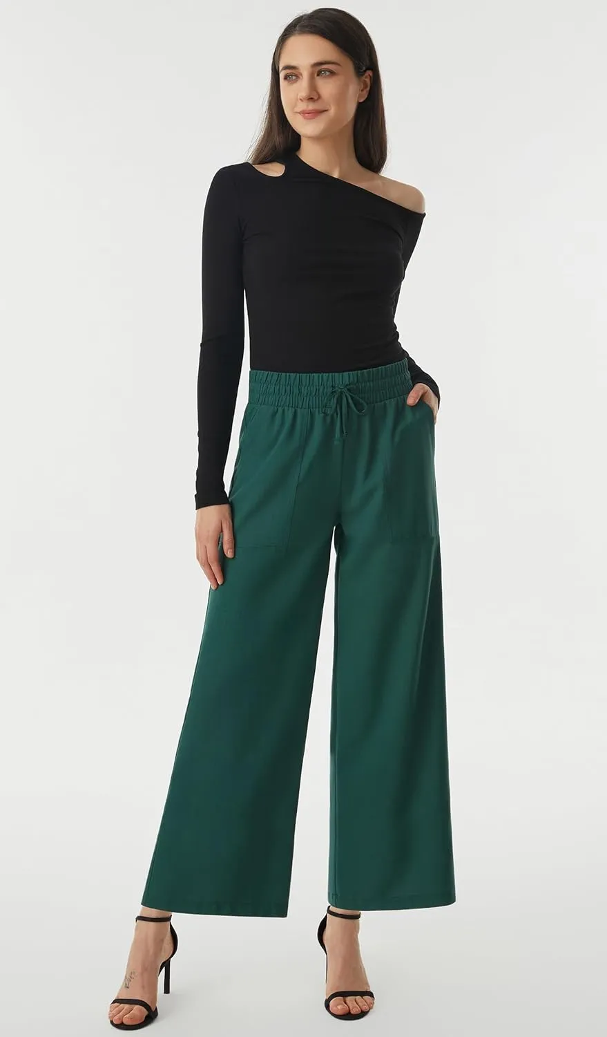 AFITNE Women Linen Palazzo Pants Summer Boho Wide Leg High Waist Casual Lounge Pants with Pockets