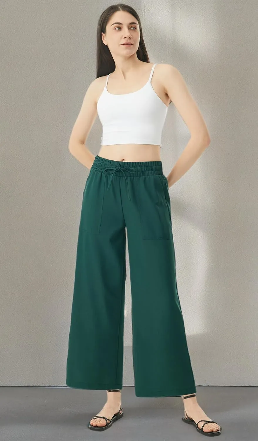 AFITNE Women Linen Palazzo Pants Summer Boho Wide Leg High Waist Casual Lounge Pants with Pockets