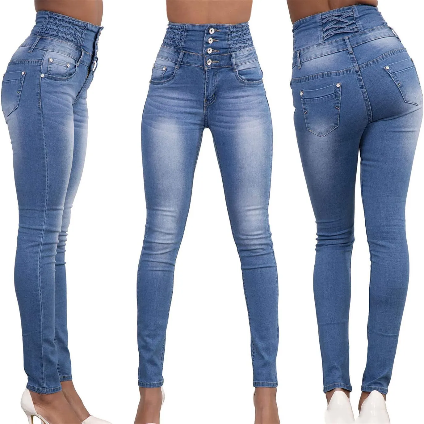 Andongnywell Women Button High Waist Skinny Jeans Colombian Design Butt Lift Jeans Plus Size Stretch High Rise Skinnys