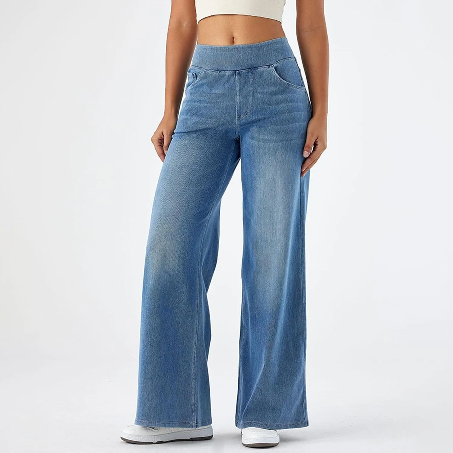 Aniywn Trendy Jeans for Women 2025 Long High Waisted Soft Stretchy Wide Leg Yoga Jeans for Women Pull On Stretchy Baggy Pants