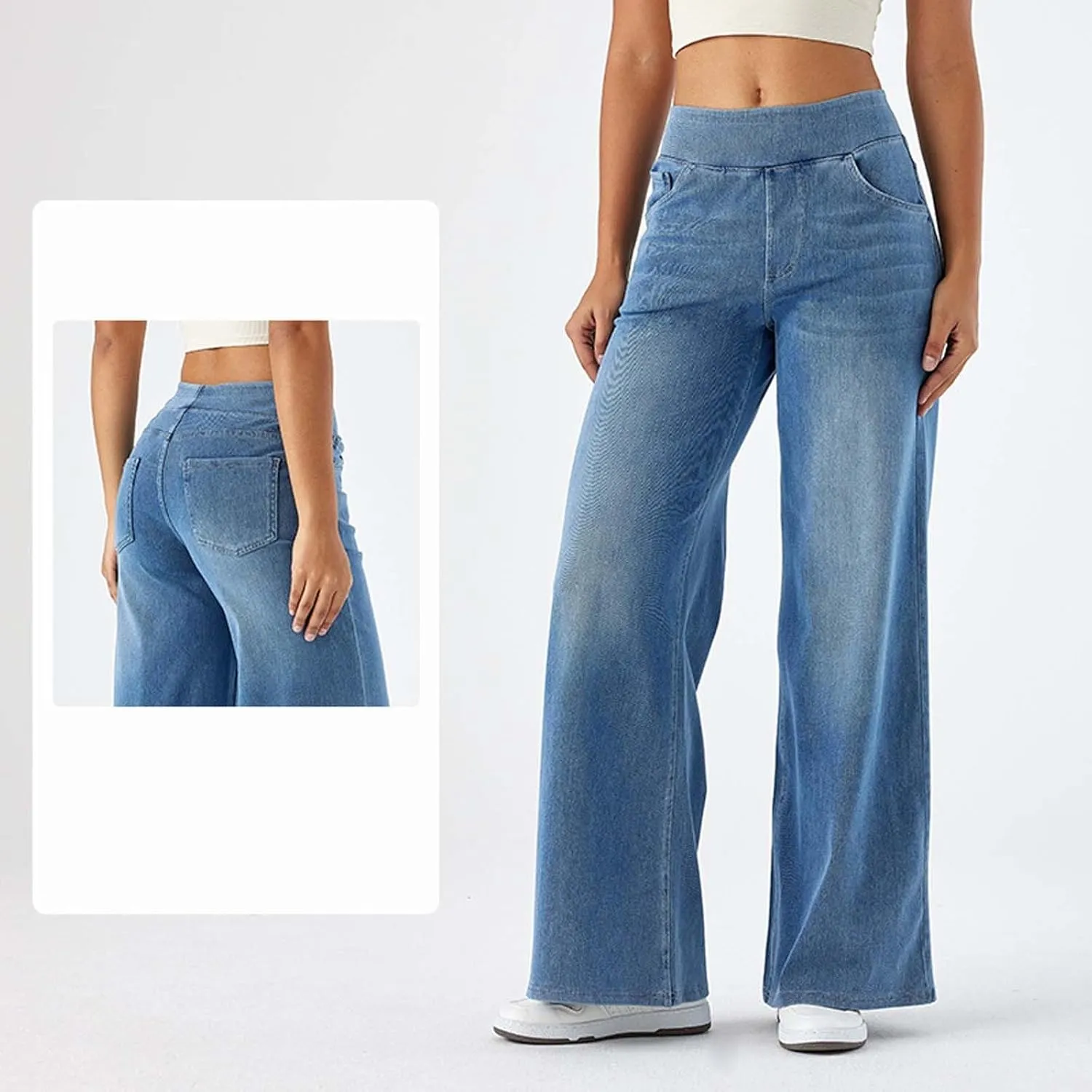 Aniywn Trendy Jeans for Women 2025 Long High Waisted Soft Stretchy Wide Leg Yoga Jeans for Women Pull On Stretchy Baggy Pants