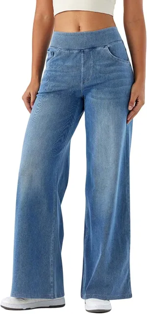 Aniywn Trendy Jeans for Women 2025 Long High Waisted Soft Stretchy Wide Leg Yoga Jeans for Women Pull On Stretchy Baggy Pants