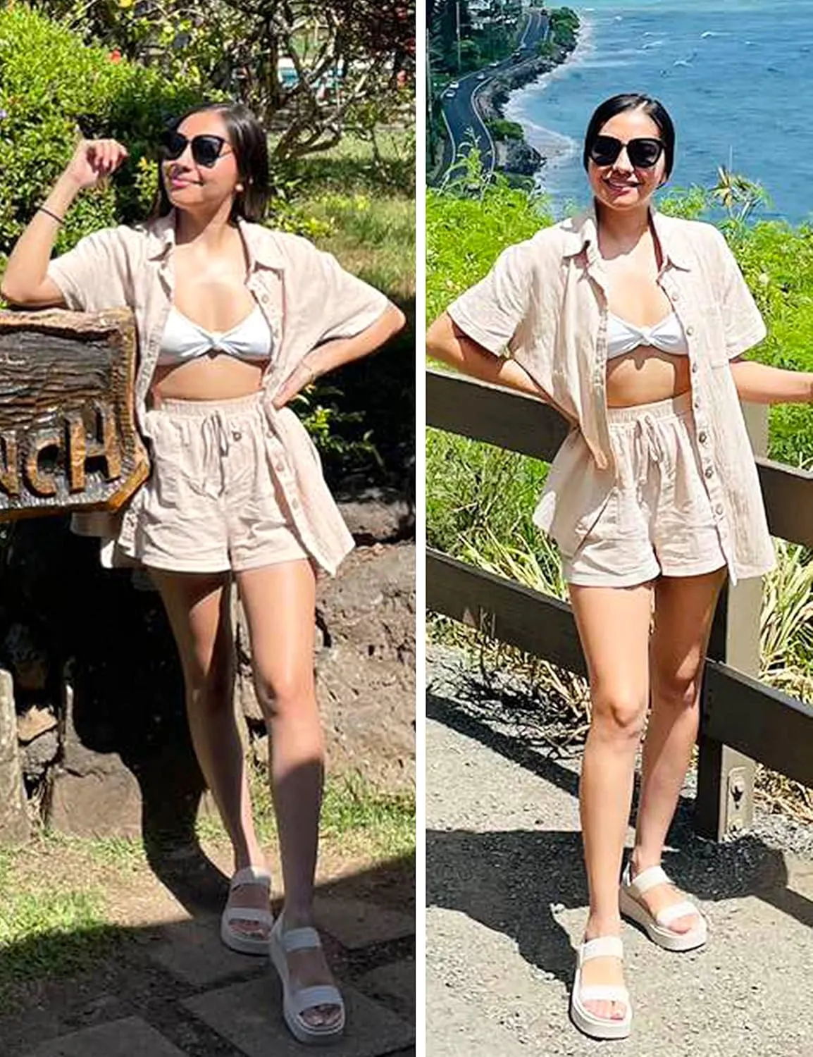 APAFES Women Summer Cotton Linen Short Sets 2 Piece Shorts Top Lounge Beach Vacation Two Piece Outfits Tracksuits