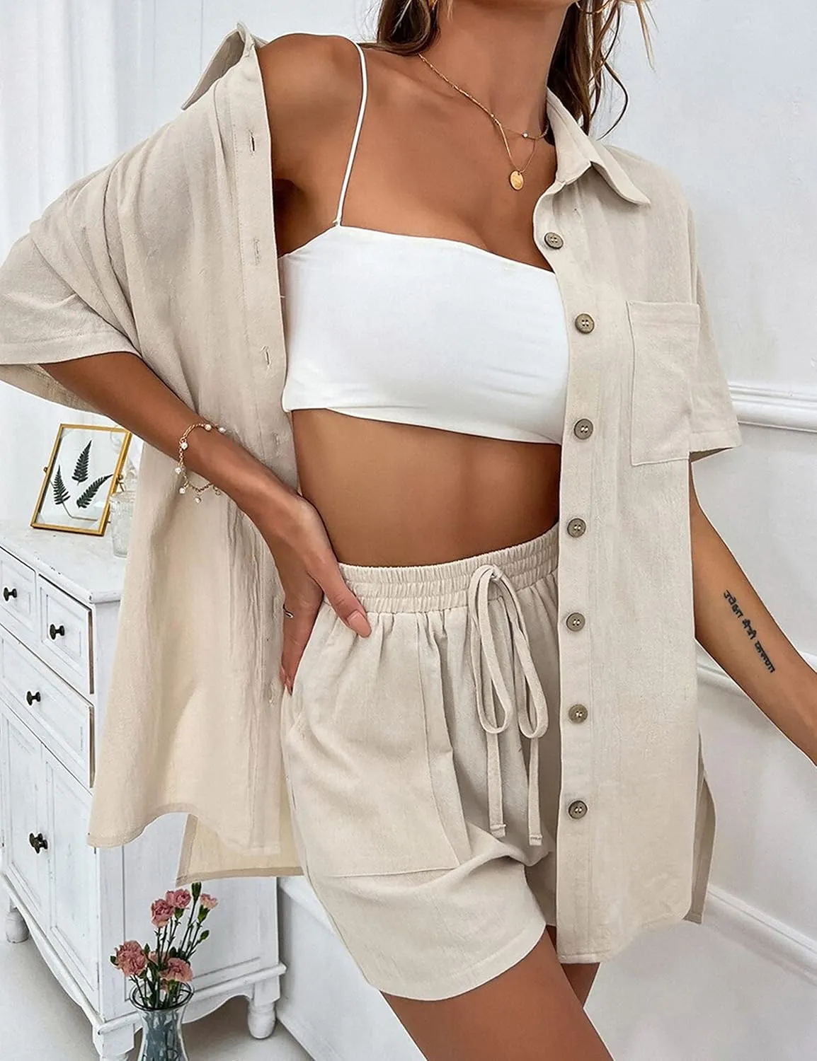 APAFES Women Summer Cotton Linen Short Sets 2 Piece Shorts Top Lounge Beach Vacation Two Piece Outfits Tracksuits