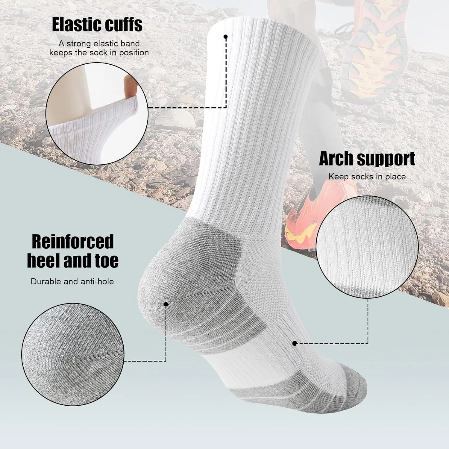 Athletic Crew Socks, 6 Pairs Cushioned Sports Calf Socks Breathable Cotton Running Hiking Socks for Men Women